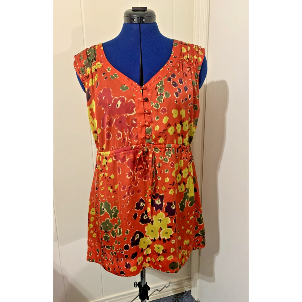 Cabi Art Teacher Tunic Top Medium Floral Orange Satin Work Feminine Artsy